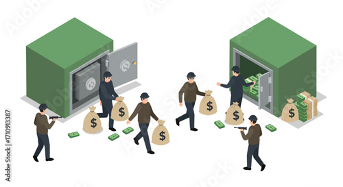 Isometric bank heist scene with burglars and safes filled with money