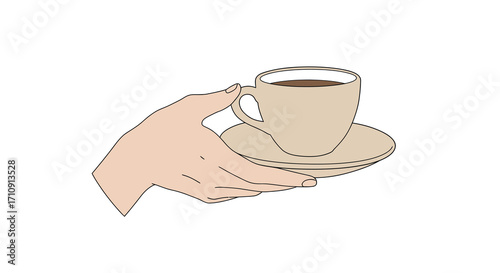 Minimalist hand holding coffee cup on saucer design for café branding