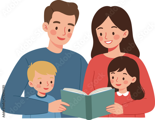 Happy family reading book together, parents and children bonding, home education, storytelling time, emotional connection, learning, love, joy, illustration