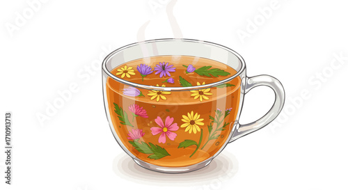 Steaming herbal tea with colorful flowers and leaves in glass cup