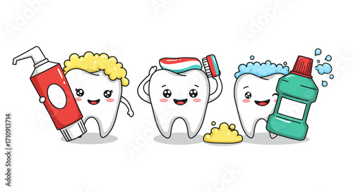Adorable tooth characters promoting oral hygiene with toothpaste and mouthwash