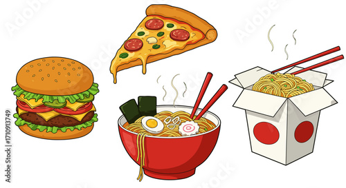 Delicious fast food variety: pizza, burger, noodles scenes in vibrant cartoon…