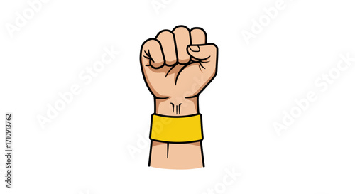 Clenched fist with yellow wristband: symbol of strength and unity