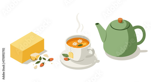 Isometric tea time: herbal infusion with green teapot and block of butter