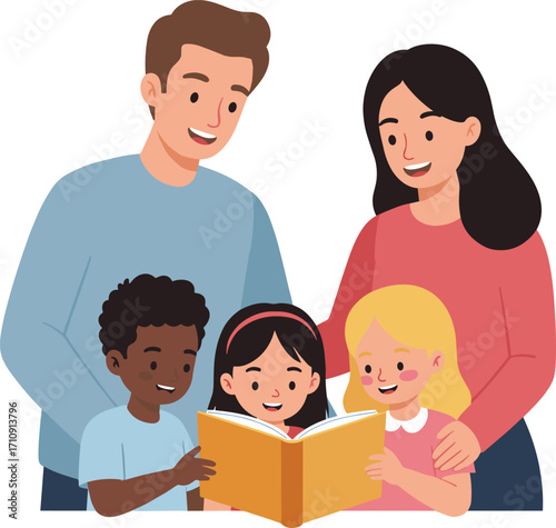Happy family reading together, diverse parents and children, learning at home, storytelling time, emotional bonding, education, love, joy, togetherness