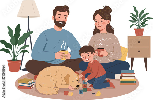 Happy family relaxing indoors, parents sipping warm drinks, child playing with blocks, golden retriever resting, cozy home, bonding, lifestyle, comfort