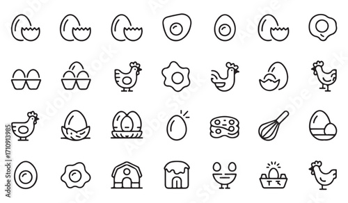 Outline icons set of eggs and poultry farming with hen, rooster, basket, barn, carton, hatch, coop, and countryside farm illustrations
