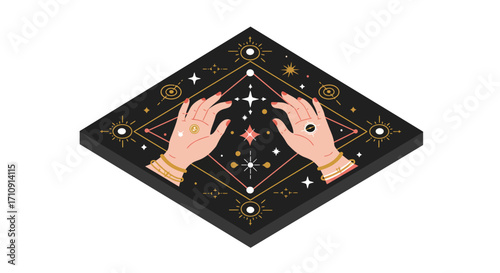 Mystical hand gesture with celestial elements in geometric design