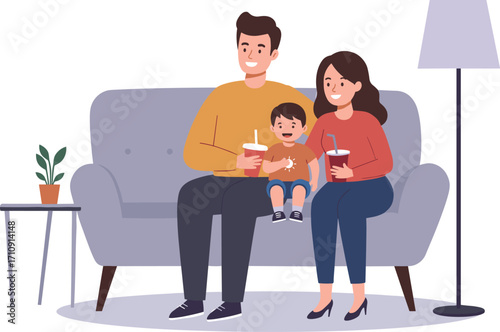 Happy family sitting on couch, parents and child bonding, cozy living room, relaxing time, emotional warmth, love, joy, illustration, togetherness