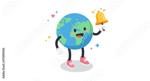 Cute cartoon earth character with bell and hearts on white background