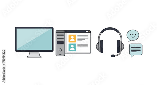 Customer support and communication icons featuring computer monitor and headset