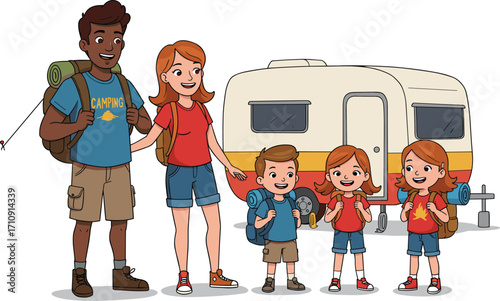Happy family standing by camper trailer, kids with backpacks, parents smiling, camping adventure, travel, bonding, outdoor lifestyle, vacation, fun