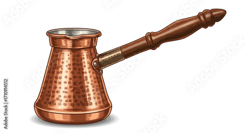Copper coffee pot with wooden handle in detailed realistic style