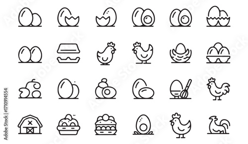 
Minimal poultry farming line icons set with eggs, hens, rooster, nest, barn, basket, carton, hatch, and organic food symbols