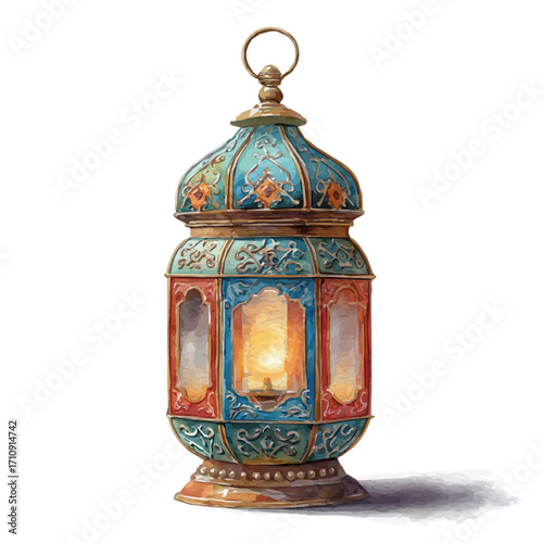 Watercolor vector illustration of Eid Lantern, isolated on white background.
