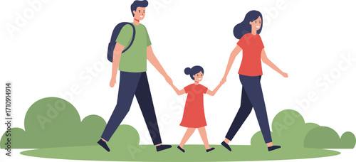 Happy family walking outdoors, parents and child bonding, nature background, leisure activity, togetherness, parenting, weekend outing, love, lifestyle, greenery