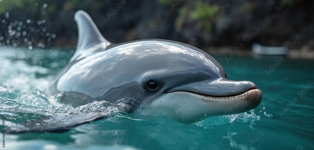 Fototapeta premium Dolphin swims in clear blue ocean water near rocky shore with green vegetation. Marine mammal breaks surface, creating ripples. Animal life in natural habitat, coastal scene.