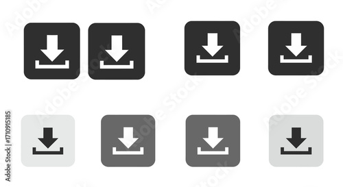 Download icon set with flat style variations in black and gray tones