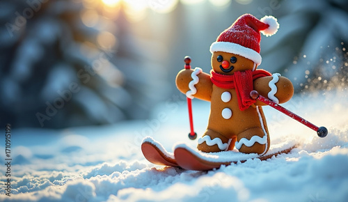 Gingerbread cookie skiing on snow, festive and playful Christmas decoration. Funny gingerbread cookie skiing, perfect for holiday cards, winter themes, and seasonal marketing.