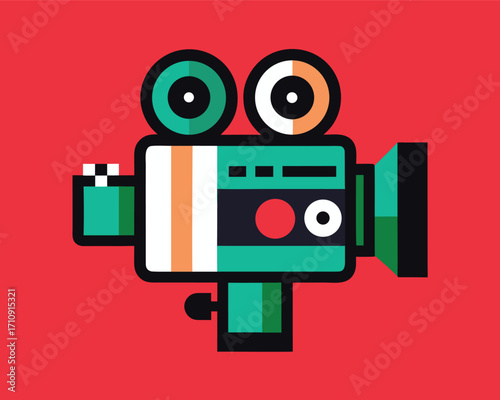 Retro Film Camera Illustration with Teal and Orange Accents on Red Background