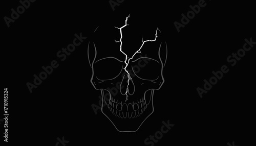 Cracked skull illustration with lightning on a black background