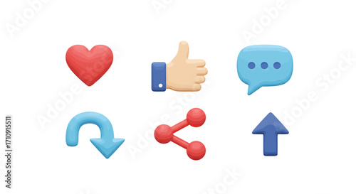 Colorful 3d social media icons including heart, thumb up, and chat bubble