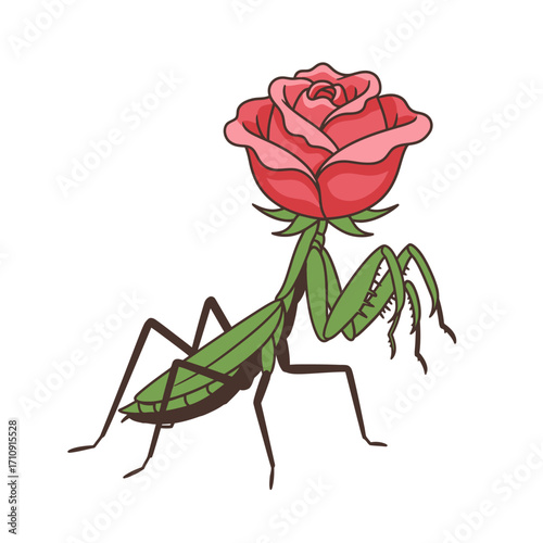 A cartoon illustration of a praying mantis with a pink rose for a head, standing on a white background.