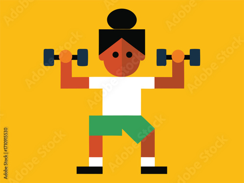 Flat Illustration of a Woman Lifting Dumbbells in a Squat Position