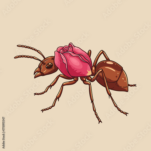 A brown ant carries a vibrant pink rose bud on its back, depicted in a detailed, illustrative style against a plain background.