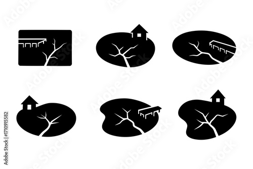 Vector art of collection of six minimalistic black and white vector icons depicting winter scenes with houses, trees, and icicles