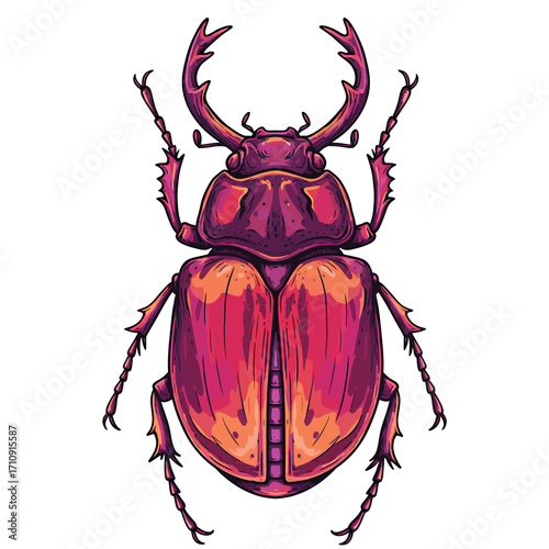 Illustration of a stag beetle with large mandibles, depicted in shades of purple, red, and orange on a white background.