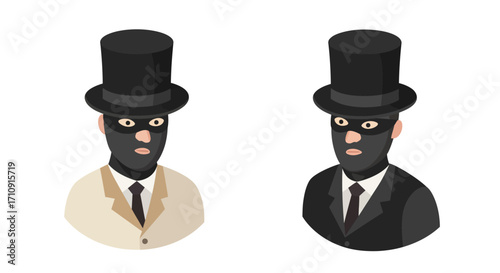 Mysterious characters in top hats wearing masks in modern flat design