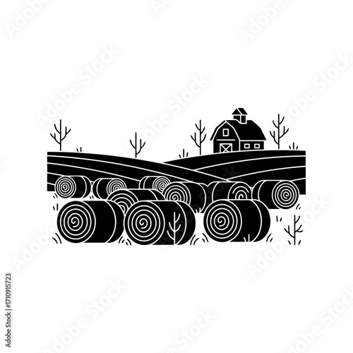 Vector art of hay bales in a field with a barn a serene countryside scene with harvested hay and a rustic barn