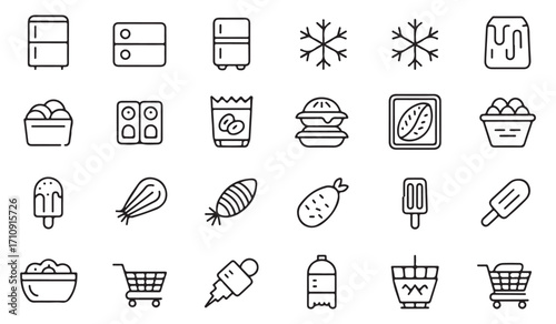 Outline illustration set of refrigeration and frozen food symbols such as freezer, ice, popsicle, cupcake, dumpling, fish, basket, and cold product storage icons