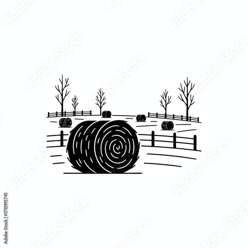 Vector art of hay bale in a field with fence and trees a peaceful rural scene with harvested hay and wooden fence