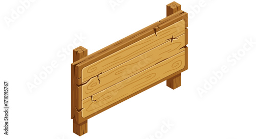 Rustic wooden signboard in isometric style with weathered texture