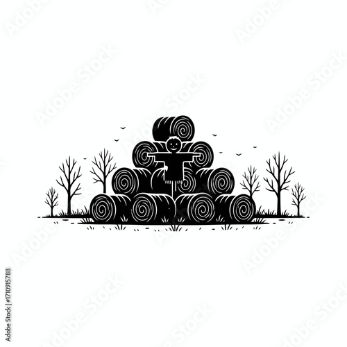 Vector art of stacked hay bales with a scarecrow amidst bare trees, creating a rustic autumn scene