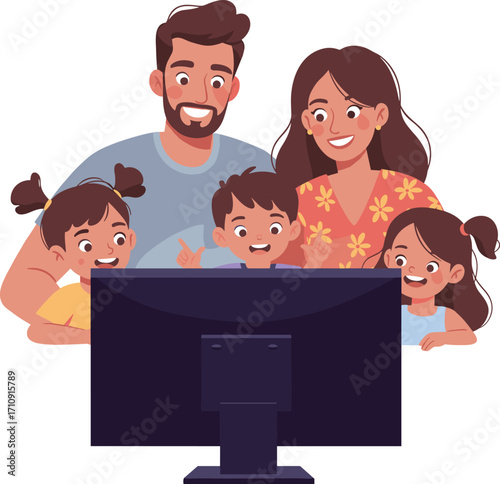 Happy family watching TV together, parents and children bonding, cozy home, shared entertainment, emotional warmth, joy, love, illustration, leisure time