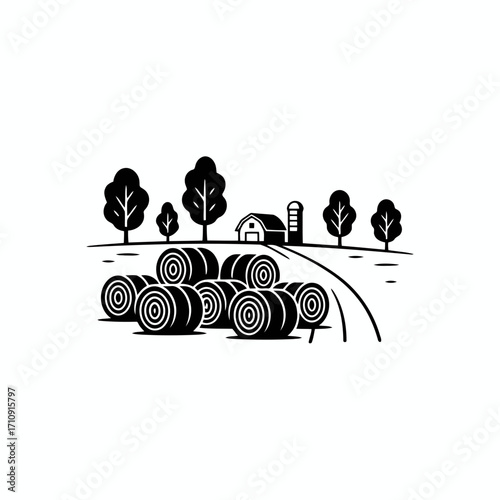 Vector art of a charming black and white illustration of hay bales nestled near a farm with trees, , capturing the essence of rustic life