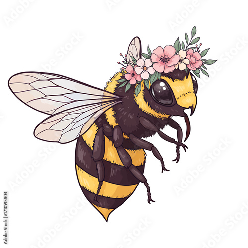 Illustration of a bumblebee wearing a flower crown of pink and white blossoms with green leaves, isolated on a white background.