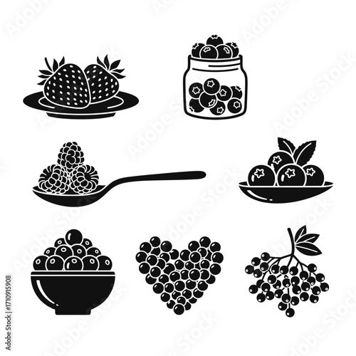 Vector art of collection of various berry icons, including strawberries, blueberries, raspberries, and rowan berries in different forms