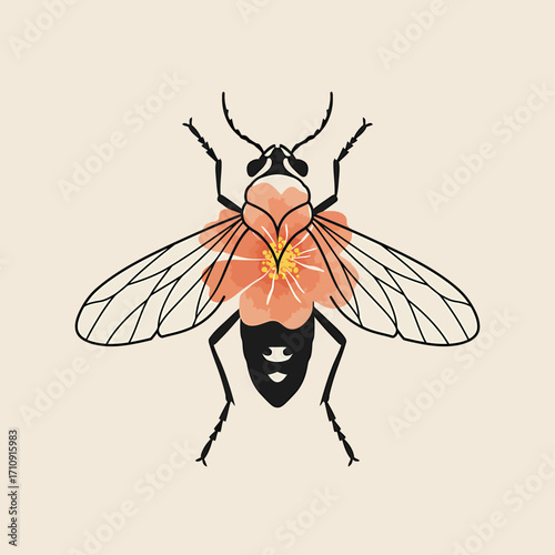 Illustration of a stylized bee with floral elements, featuring a peach-colored flower on its body and delicate line work.