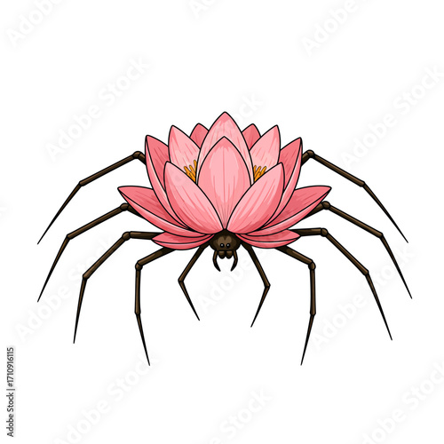 A surreal illustration of a pink lotus flower with spider legs, creating a unique and unsettling hybrid creature.