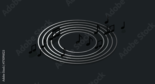 3d music notes on concentric circles with dark background