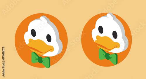 Cute cartoon duck faces with green bows on orange circles