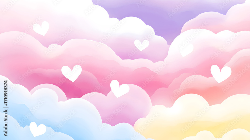 Fototapeta premium A dreamy scene with pastel - colored clouds and white hearts, creating a soft and charming abstract background.