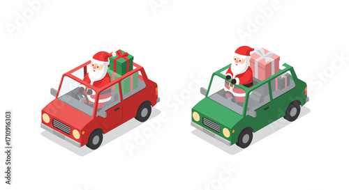 Santa driving cars with gifts in isometric style for christmas celebrations
