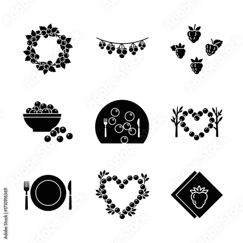Vector art of collection of black glyph icons representing various berry related themes, including food, decoration, and family