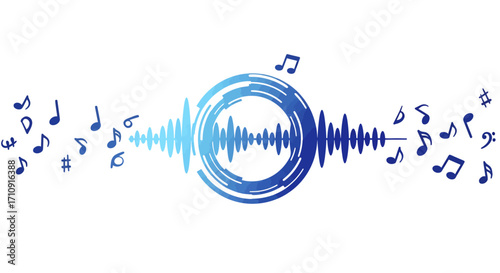 Abstract blue sound waves with musical notes and frequency pattern