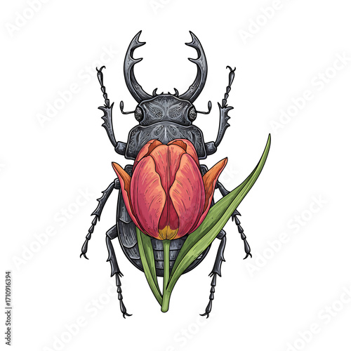 Illustration of a stag beetle holding a red tulip flower with green leaves against a white background.